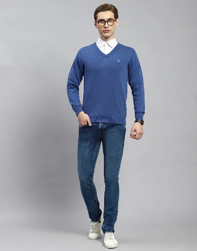 Men Blue Solid V Neck Full Sleeve Pullover