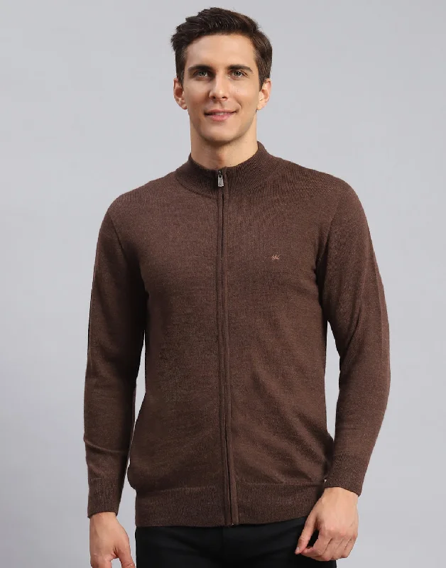 Men Brown Solid Stand Collar Full Sleeve Pullover