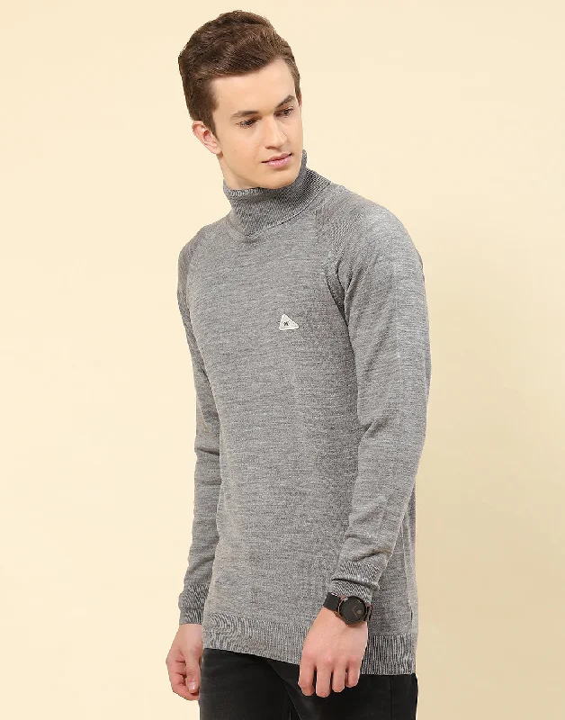 Men Grey Solid High Neck Full Sleeve Pullover