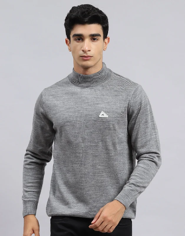 Men Grey Solid Turtle Neck Full Sleeve Pullover