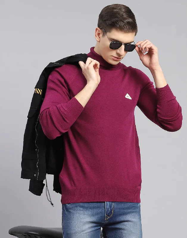 Men Maroon Solid High Neck Full Sleeve Pullover