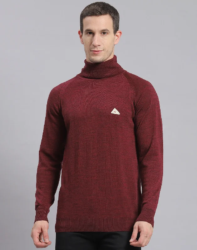 Men Maroon Solid High Neck Full Sleeve Pullover