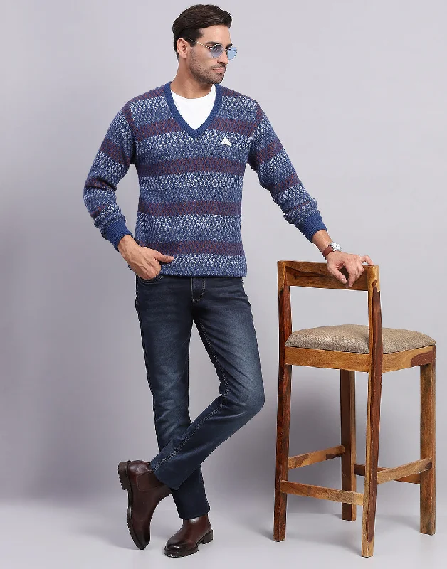 Men Navy Blue Self Design V Neck Full Sleeve Pullover