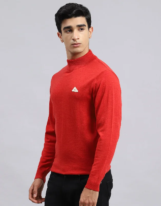 Men Red Solid Turtle Neck Full Sleeve Pullover