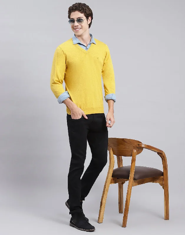 Men Yellow Solid V Neck Full Sleeve Pullover